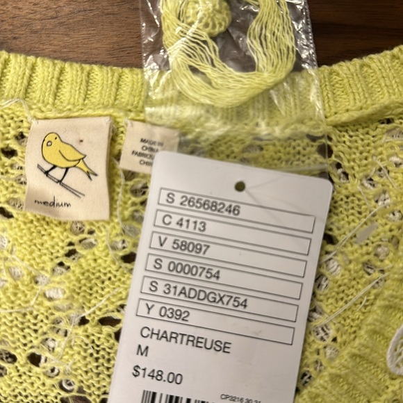 NWT Anthropologie / Medium / Chartreuse L/S sweater with lace floral neckline - Picture 5 of 16